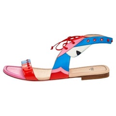 Fendi Multicolor Leather And Patent Leather Ankle Cuff Flat Sandals Size 37