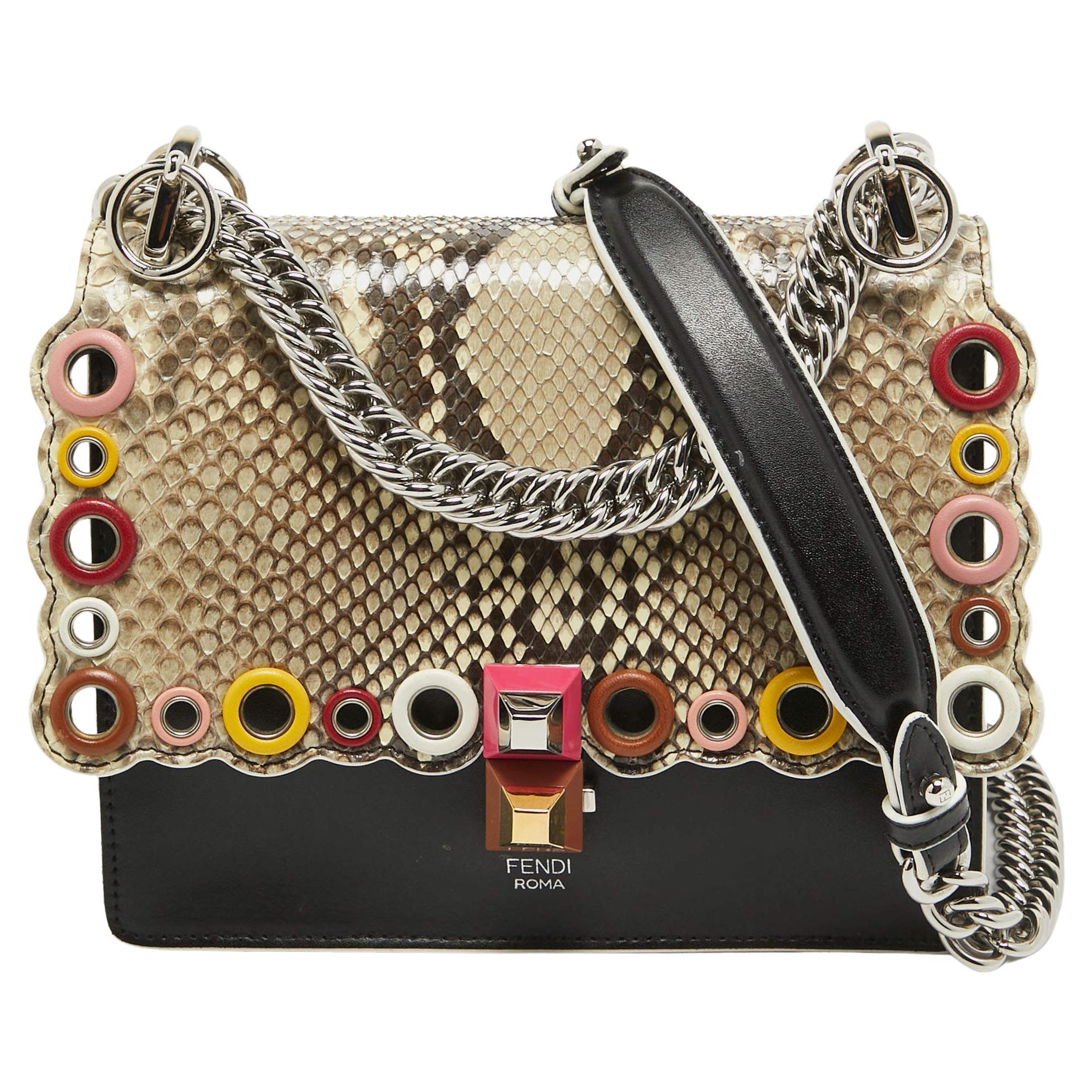 Fendi Multicolor Leather and Python Small Scalloped Kan I Shoulder Bag For Sale