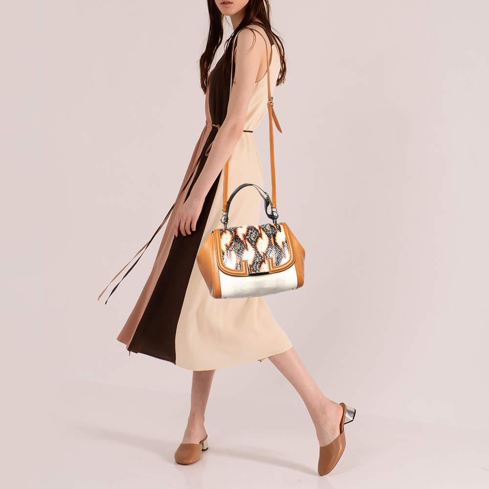 Fendi Multicolor Leather, Canvas and Snakeskin Silvana Top Handle Bag In Good Condition In Dubai, Al Qouz 2