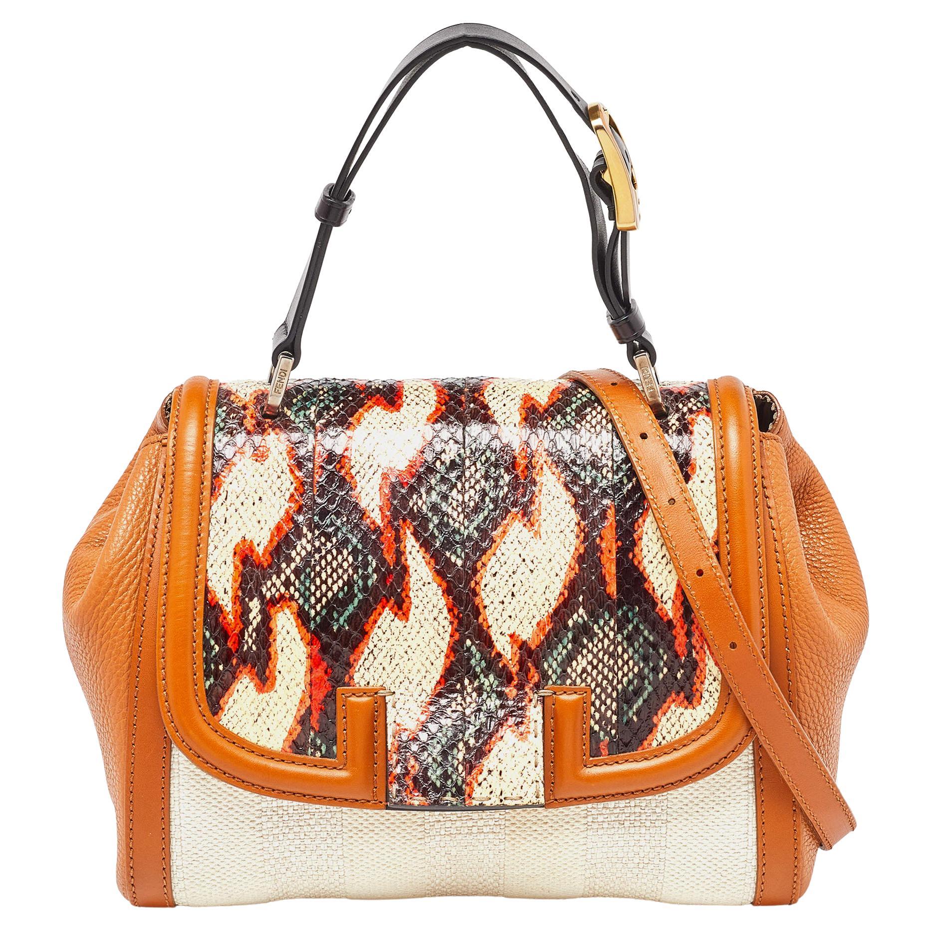 Fendi Multicolor Leather, Canvas and Snakeskin Silvana Top Handle Bag