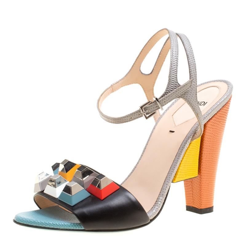 Fendi Multicolor Leather Fantasia Studded Ankle Strap Sandals Size 39.5