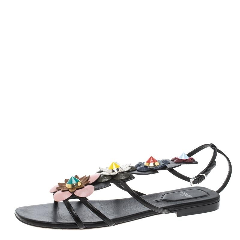 Fendi Multicolor Leather Flowerland Ankle Strap Gladiator Sandals Size 37.5