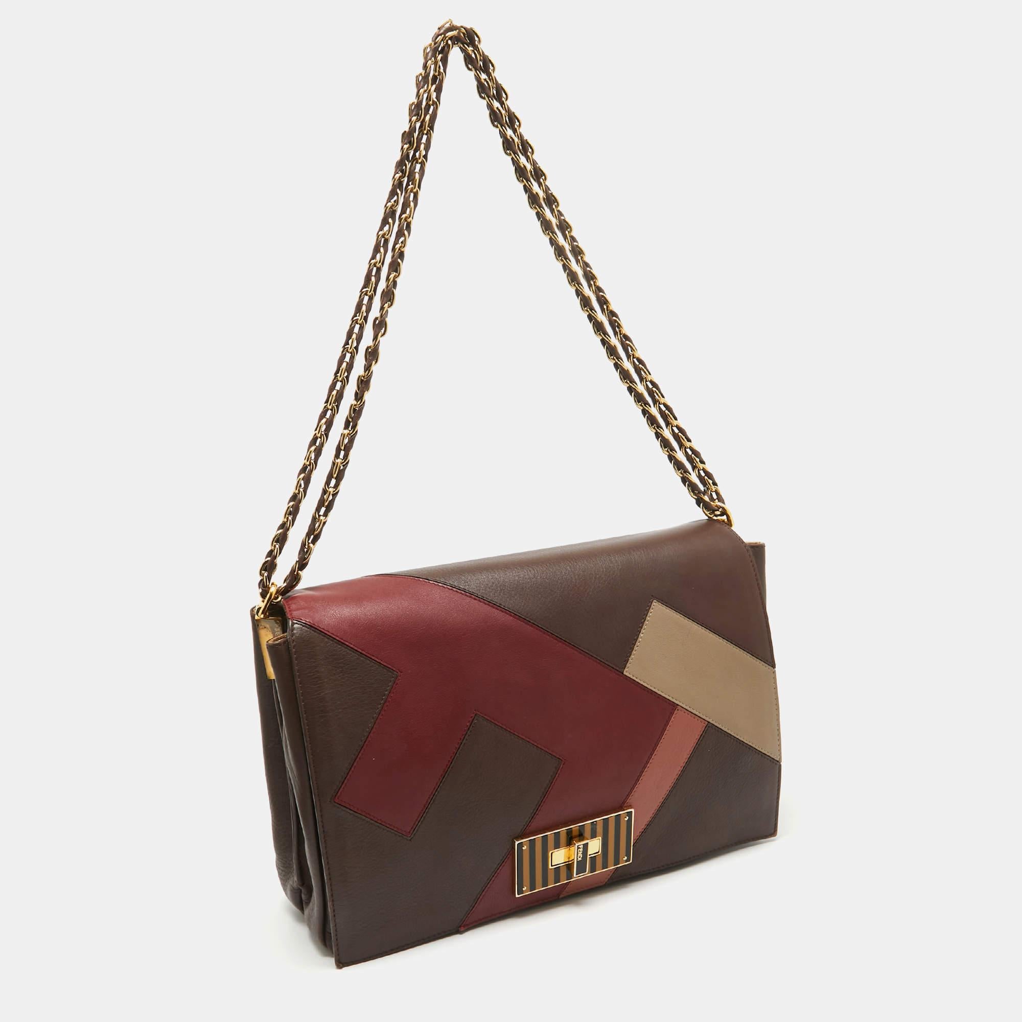 Brown Fendi Multicolor Leather Large Claudia Colorblock Shoulder Bag