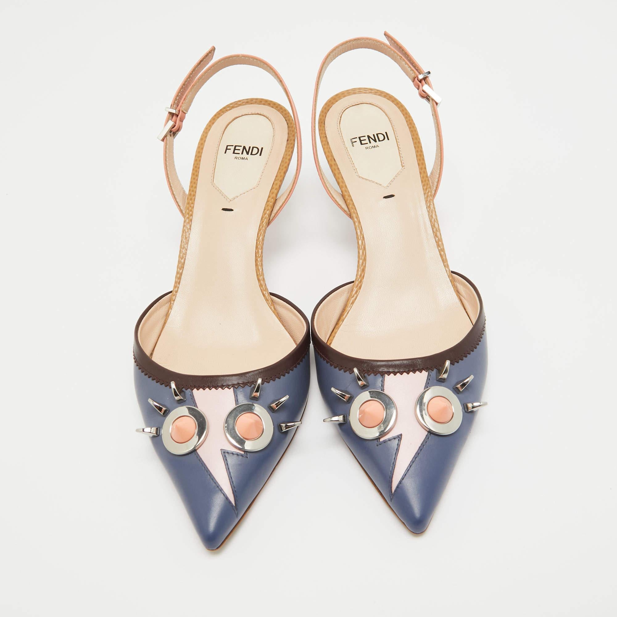 Brown Fendi Multicolor Leather Monster Eyes Slingback Sandals Size 37