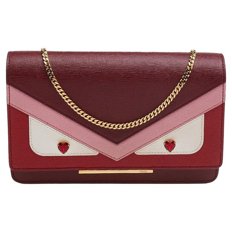 Fendi Red/Brown Embossed Leather F Wallet On Chain Fendi