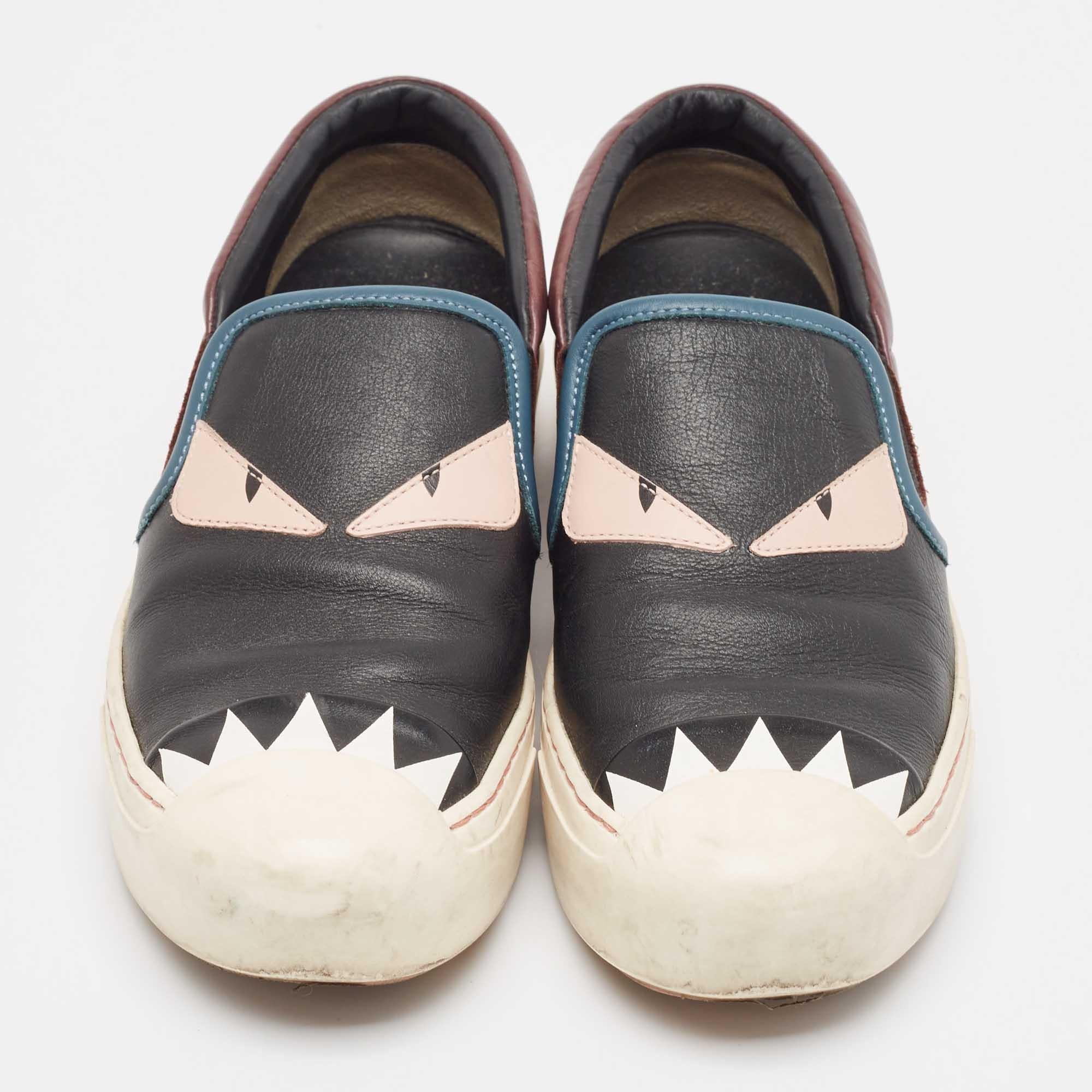 Beige Fendi Multicolor Leather Monster Slip On Sneakers Size 36.5 For Sale