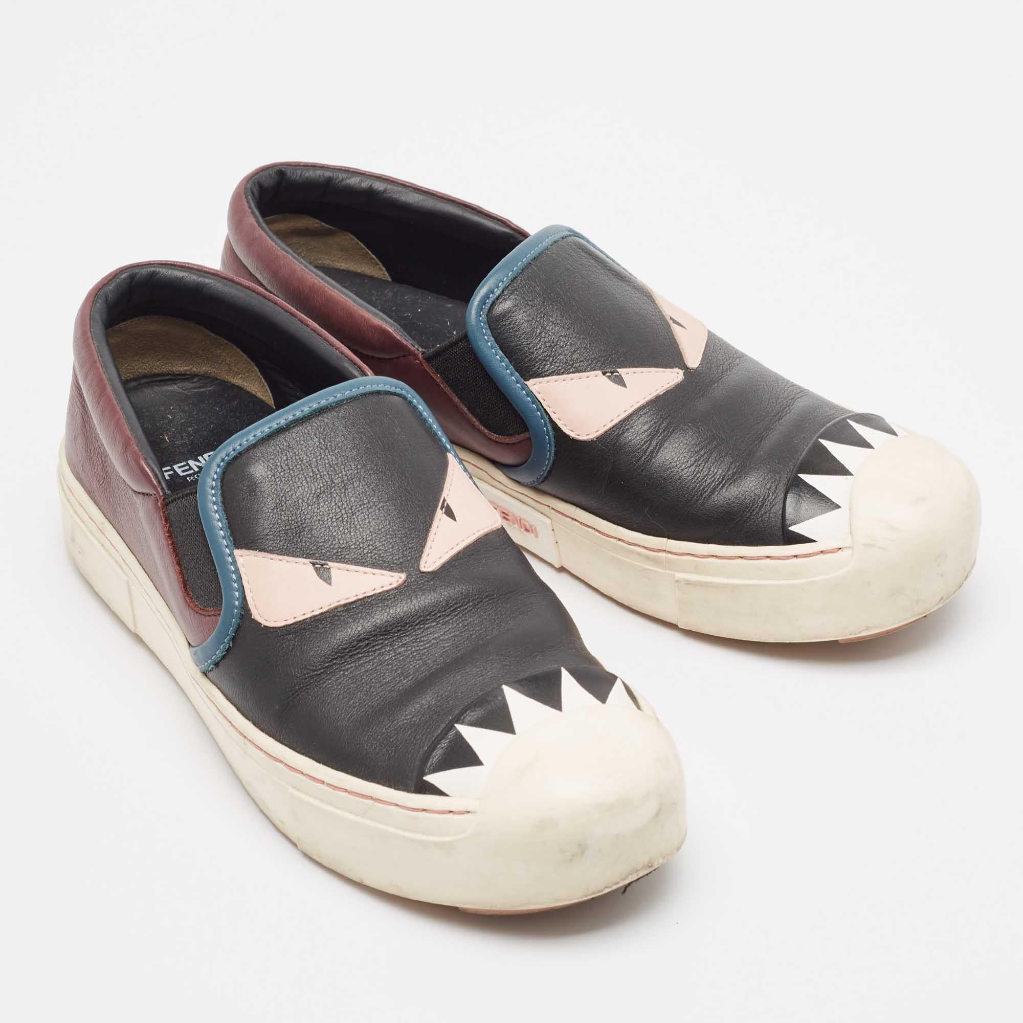 Fendi Multicolor Leather Monster Slip On Sneakers Size 36.5 In Good Condition For Sale In Dubai, Al Qouz 2