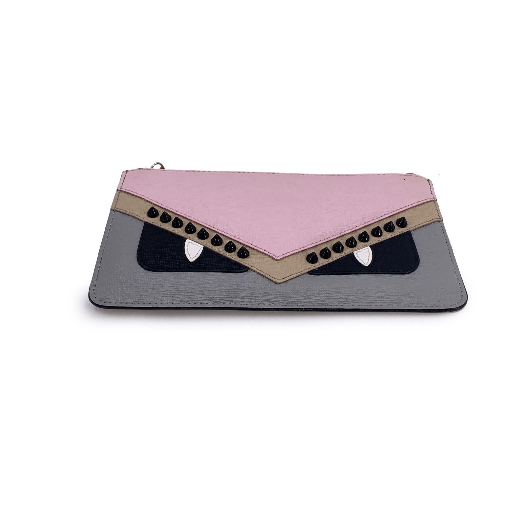 Gray Fendi Multicolor Leather Monster Zip Pochette Pouch with Studs For Sale