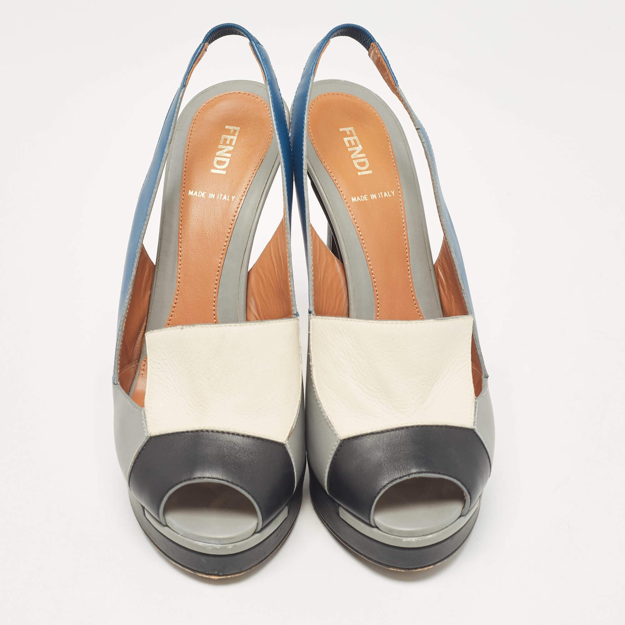 Gray Fendi Multicolor Leather Platform Slingback Sandals Size 39 For Sale