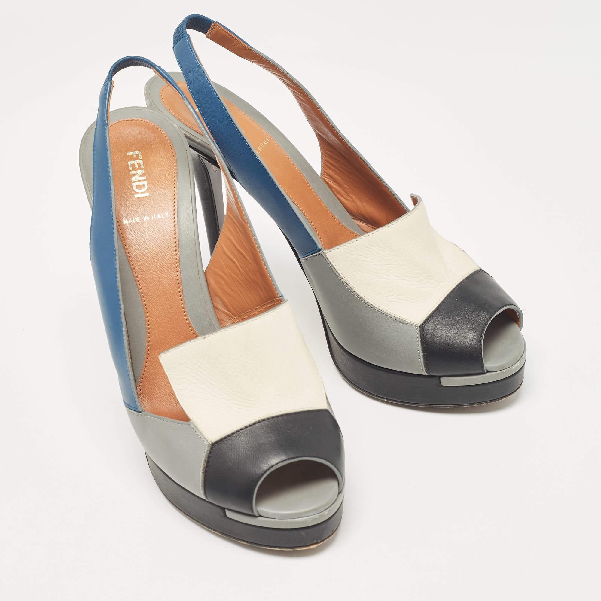 Fendi Multicolor Leather Platform Slingback Sandals Size 39 In Good Condition For Sale In Dubai, Al Qouz 2