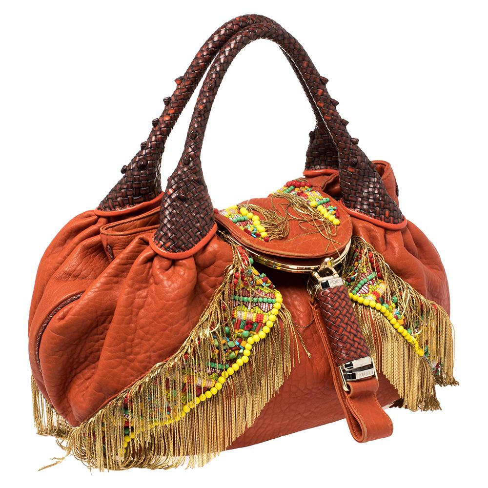 Fendi Multicolor Leather Spy Beaded and Fringe Embellished Bag In Fair Condition In Dubai, Al Qouz 2