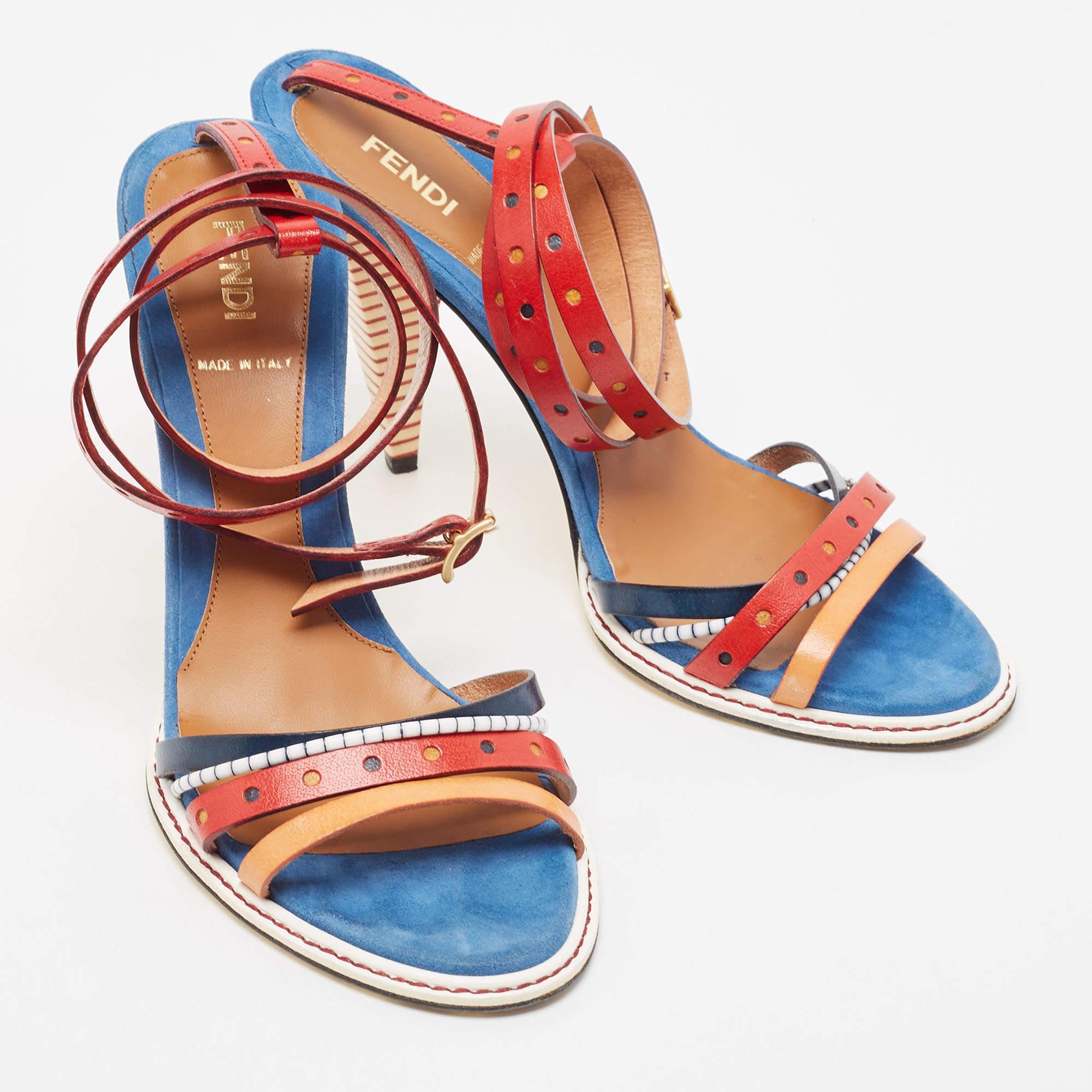 Fendi Multicolor Leather Strappy Ankle Wrap Sandals Size 38.5 2