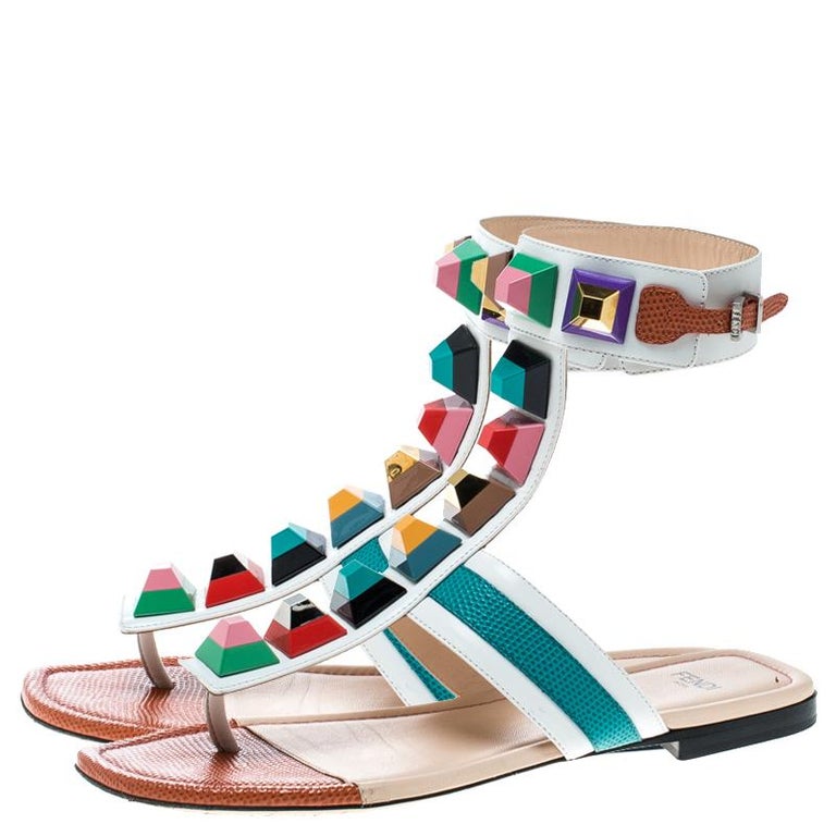 Fendi Multicolor Leather Studded Ankle Cuff Flat Sandals Size 36 For Sale at 1stDibs