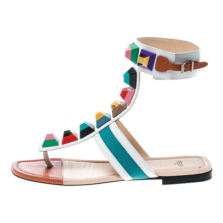 Fendi Multicolor Leather Studded Ankle Cuff Flat Sandals Size 36 For ...