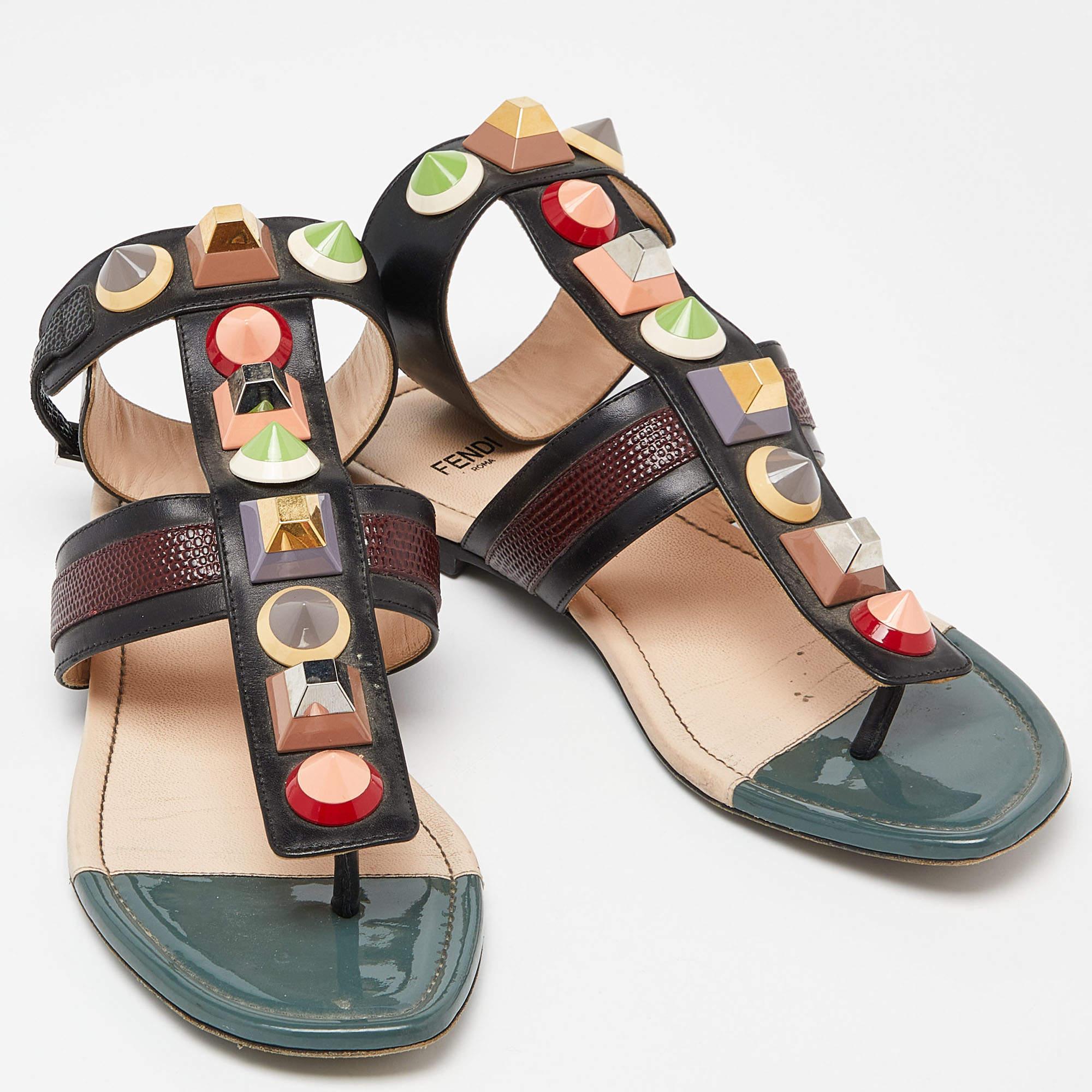 Women's  Fendi Multicolor Leather Studded Ankle Strap Flat Sandals Size 35