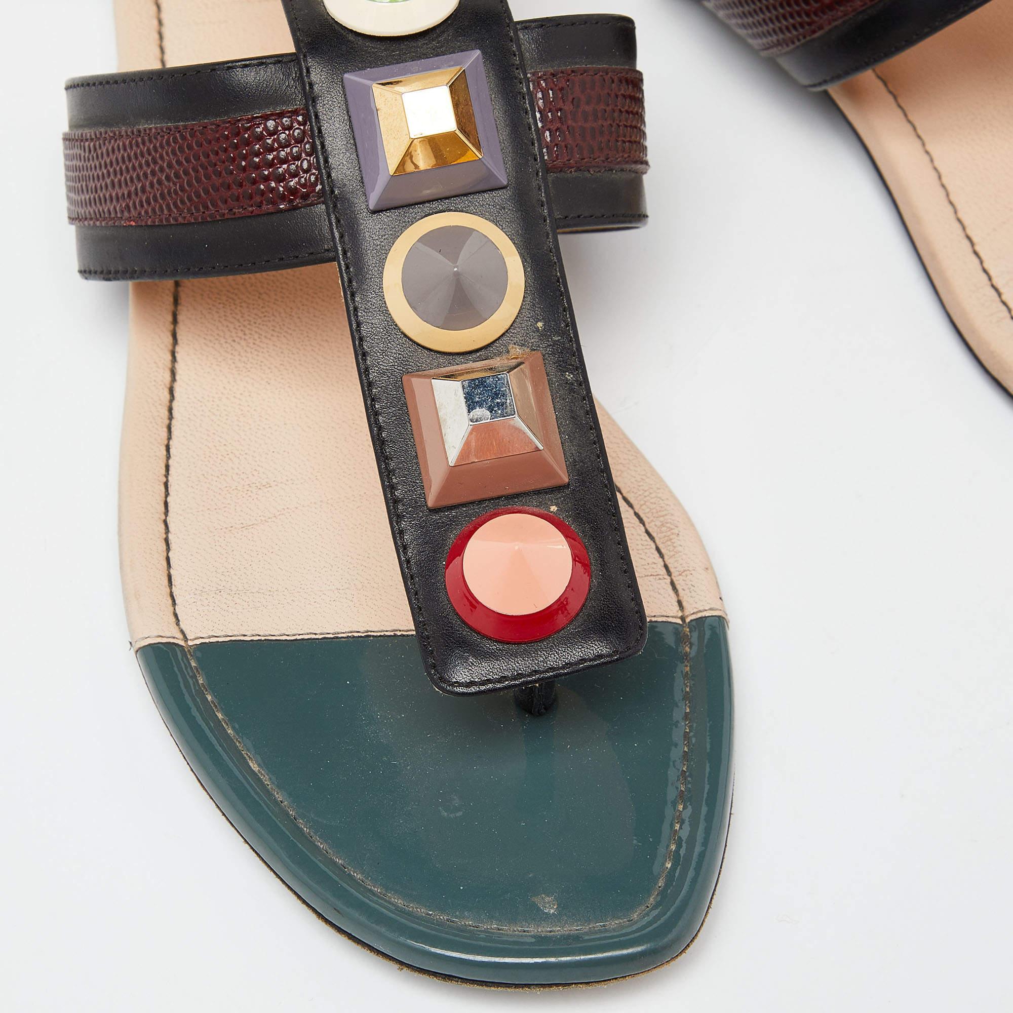  Fendi Multicolor Leather Studded Ankle Strap Flat Sandals Size 35 1