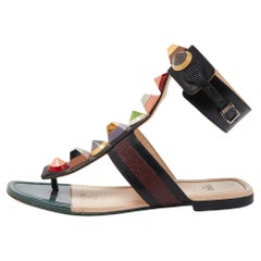  Fendi Multicolor Leather Studded Ankle Strap Flat Sandals Size 35