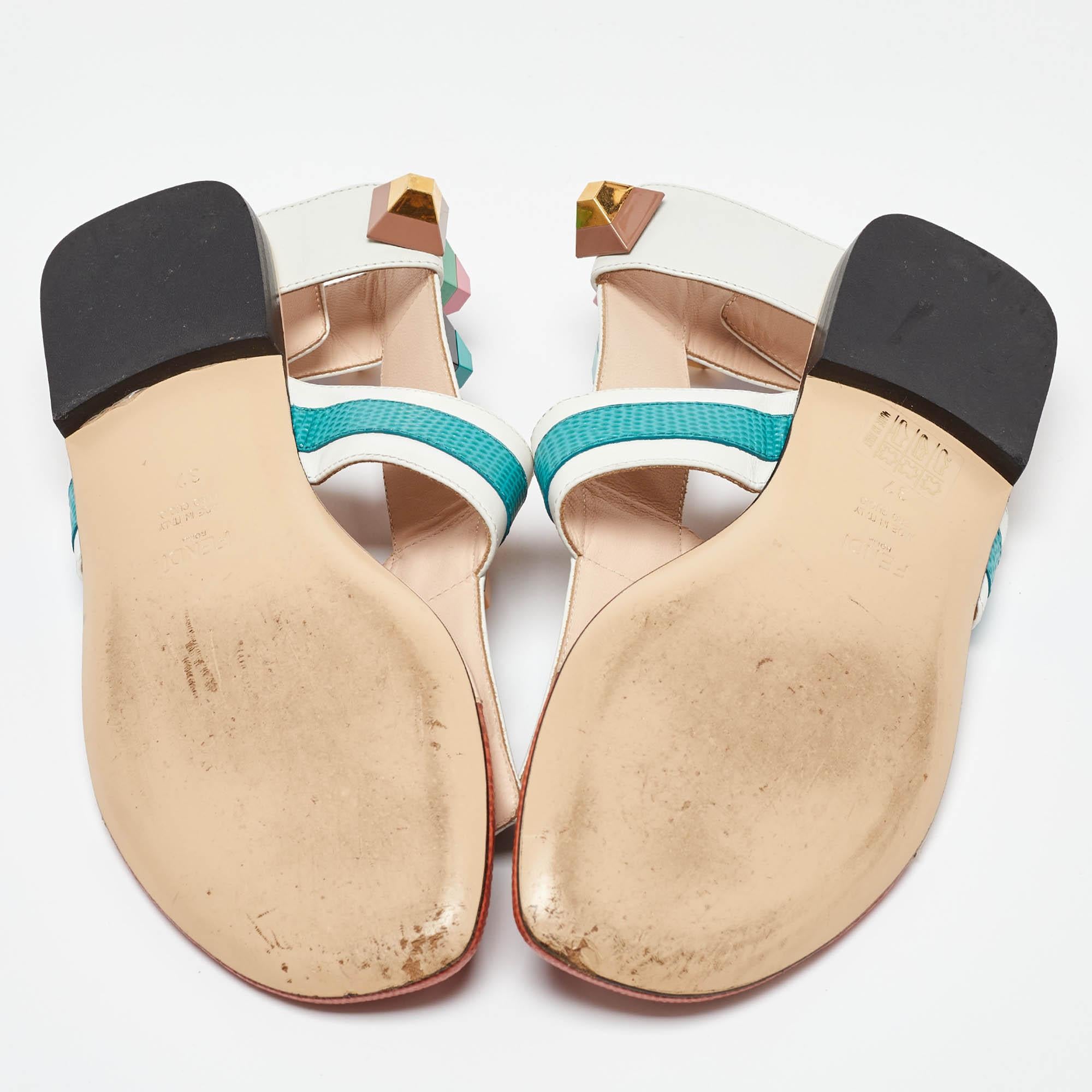 Fendi Multicolor Leather Studded Thong Flat Sandals Size 37 For Sale 1