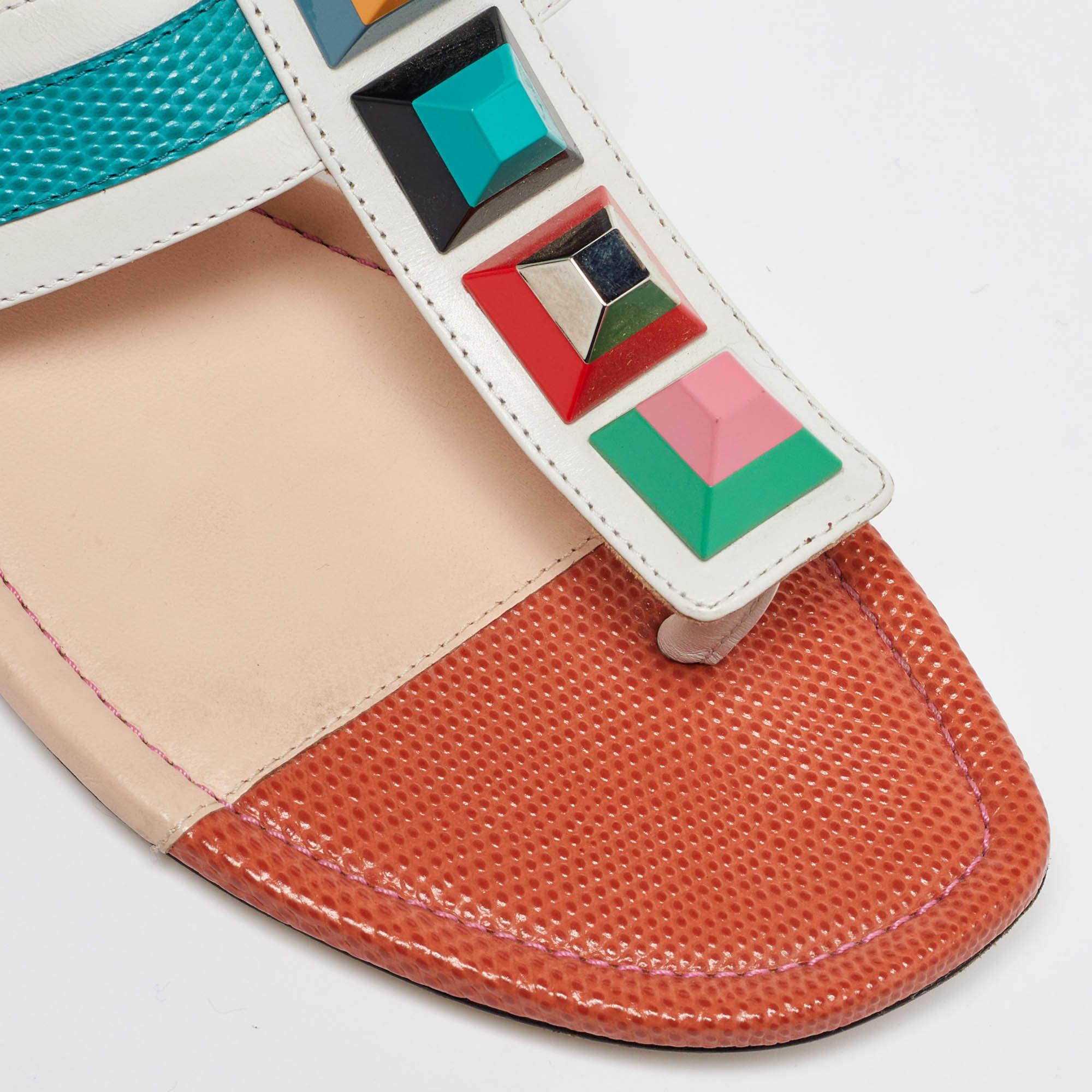 Fendi Multicolor Leather Studded Thong Flat Sandals Size 37 For Sale 2