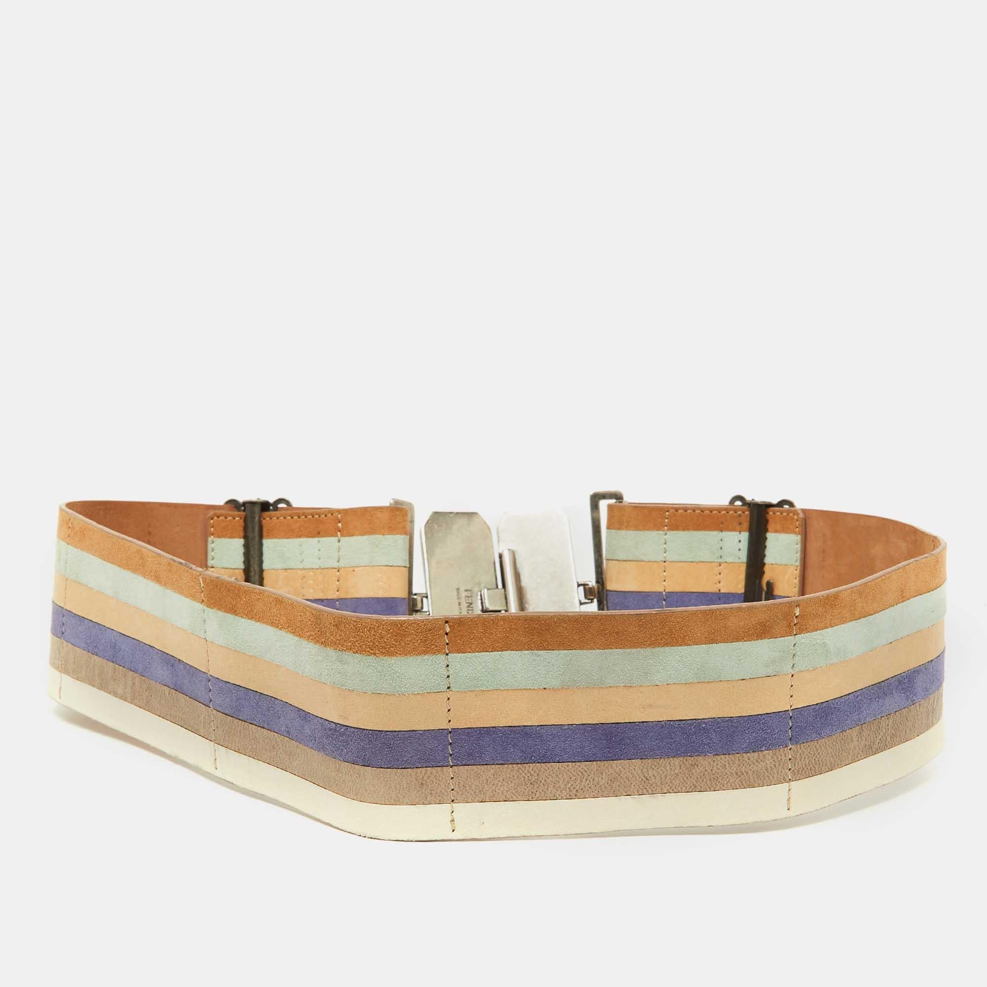 Brown Fendi Multicolor Leather Wide Waist Belt 70CM