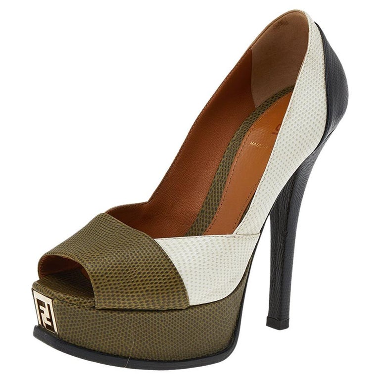 Fendi Multicolor Lizard Embossed Leather Fendista Peep Toe Pumps Size 35 5 For Sale At 1stdibs