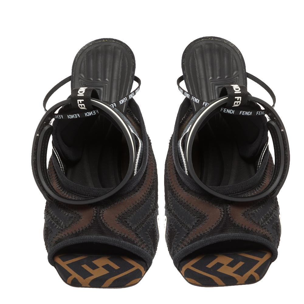 Black Fendi Multicolor Mesh And Canvas Ankle Wrap Sandals Size 37.5