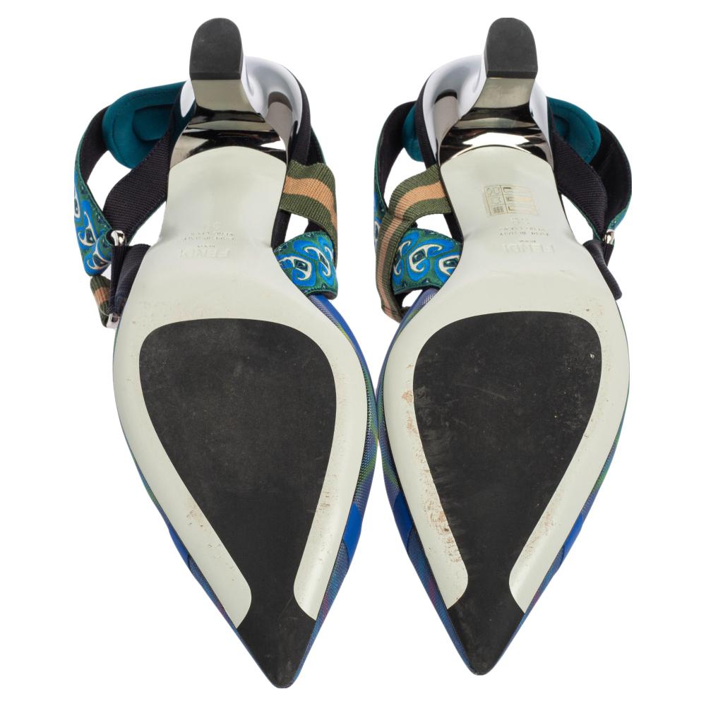 Blue Fendi Multicolor Mesh And Canvas Colibri Slingback Pointed Toe Sandals Size 39