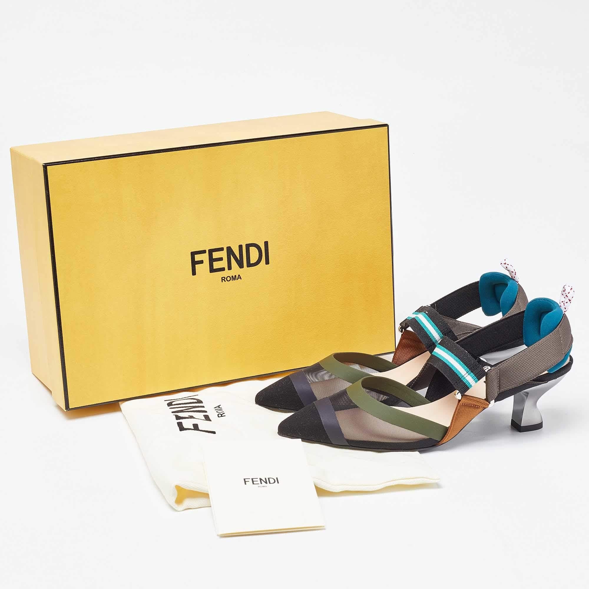 Fendi Multicolor Mesh and Canvas Colibri Slingback Pumps Size 35 5