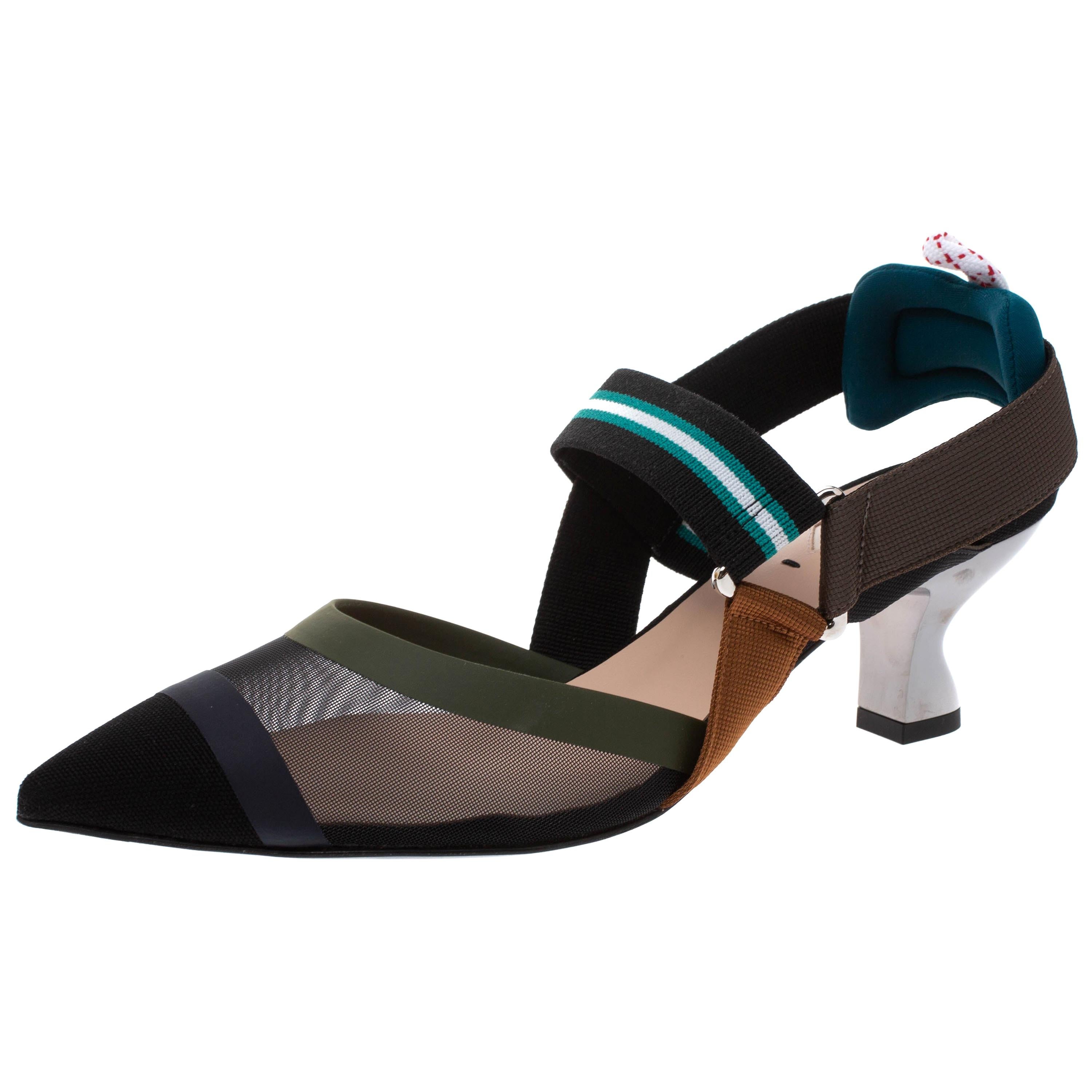 Fendi Multicolor Mesh And Fabric Colibri Slingback Pointed Toe Sandals Size  38