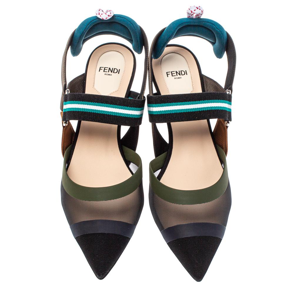 Crafted out of mesh and leather, these multicolor Fendi sandals are charming enough for you to own them. They feature pointed toes, mid vamp straps, and slingbacks. They come endowed with comfortable leather-lined insoles and stand tall on 6 cm