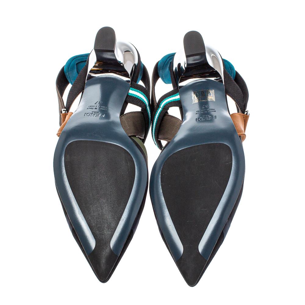 Black Fendi Multicolor Mesh And Leather Colibri Slingback Sandals Size 37