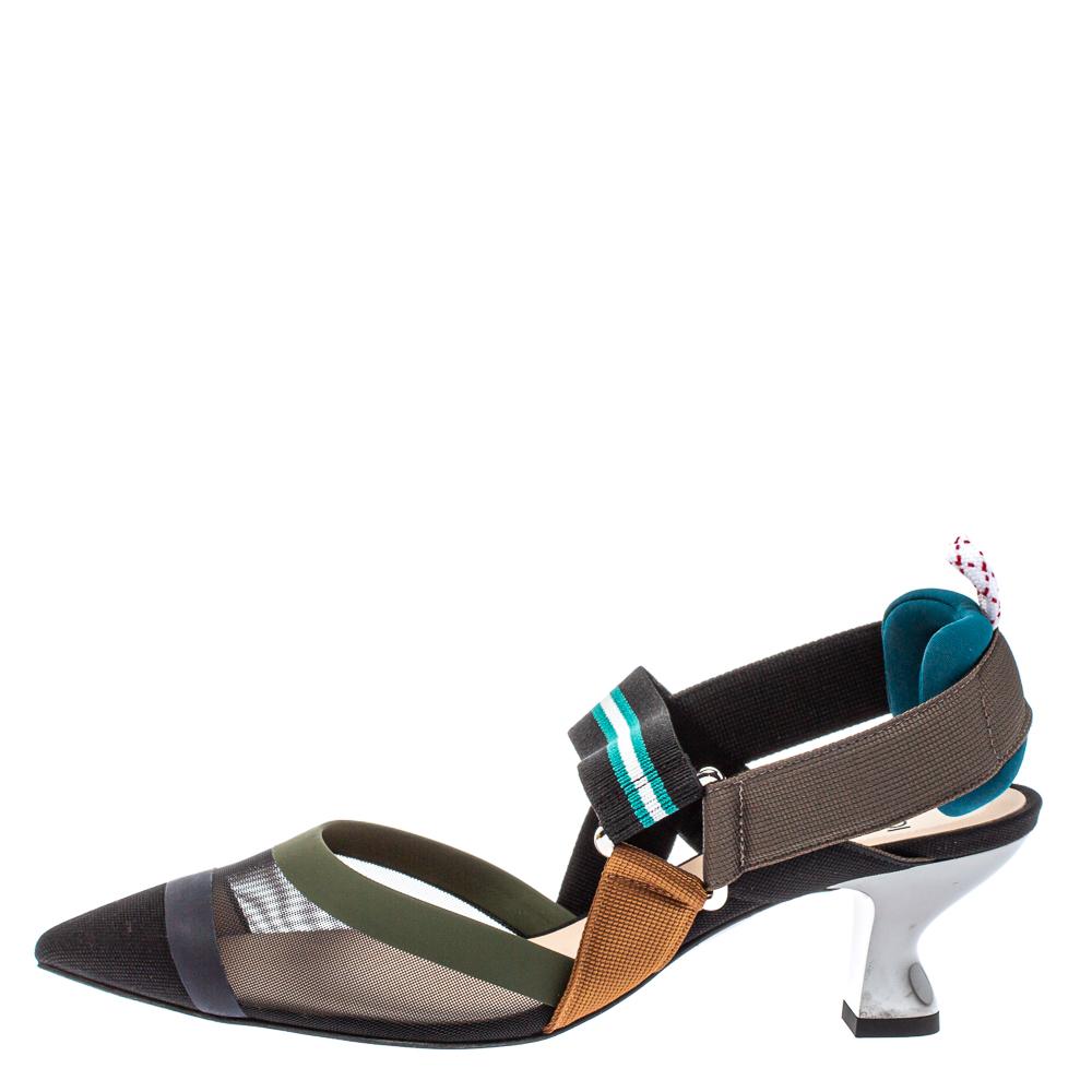 Fendi Multicolor Mesh And Leather Colibri Slingback Sandals Size 37 In New Condition In Dubai, Al Qouz 2