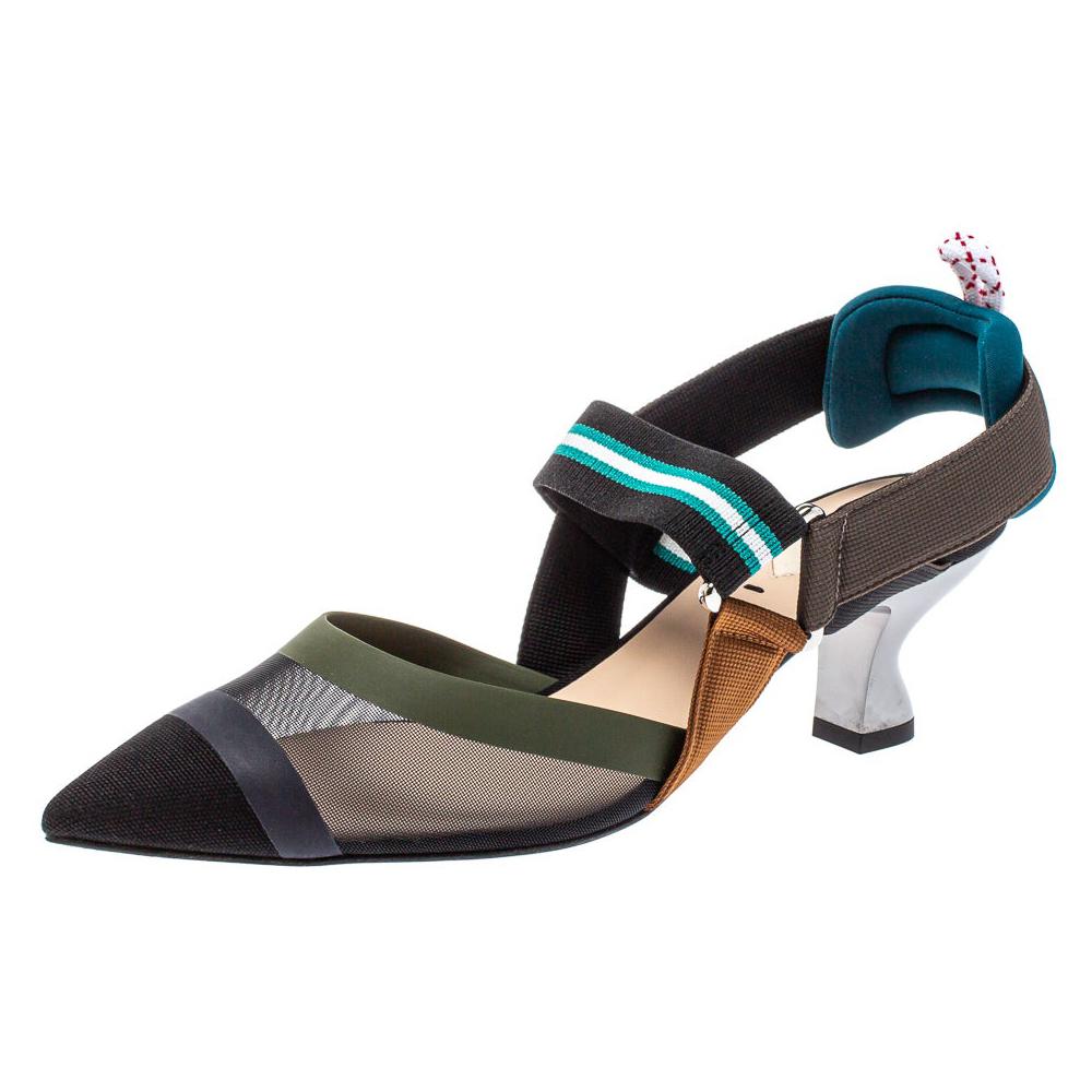 Fendi Multicolor Mesh And Leather Colibri Slingback Sandals Size 37