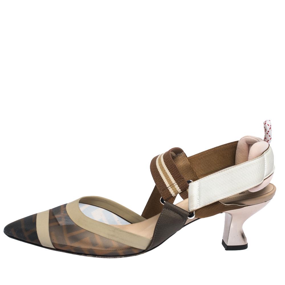 You will look absolutely extraordinary in these slingback pumps, crafted in mesh, leather and canvas. Designed by Fendi, this pair is an impeccable mix of comfort and style. Put your best foot forward in these Colibri pumps featuring pointed toes,