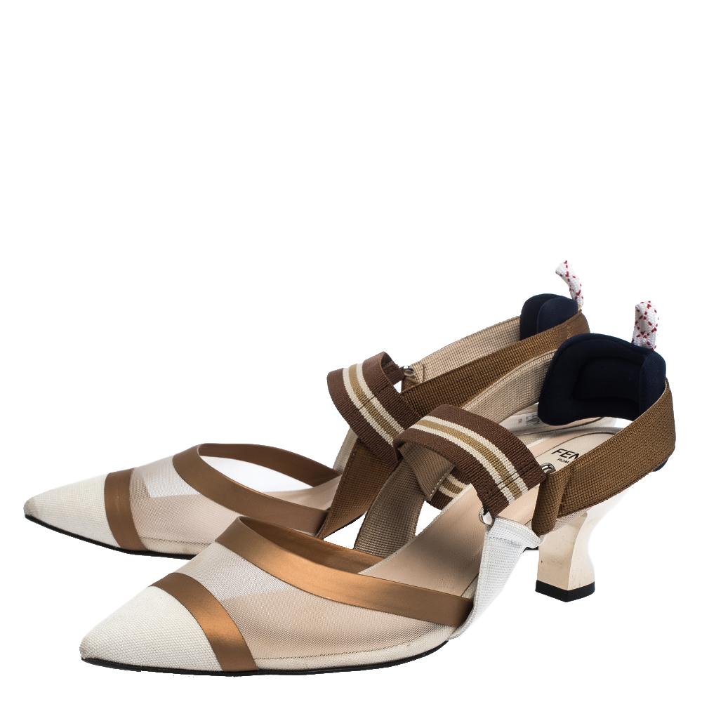 Brown Fendi Multicolor Mesh, Canvas And Leather Colibri Slingback Sandals Size 39