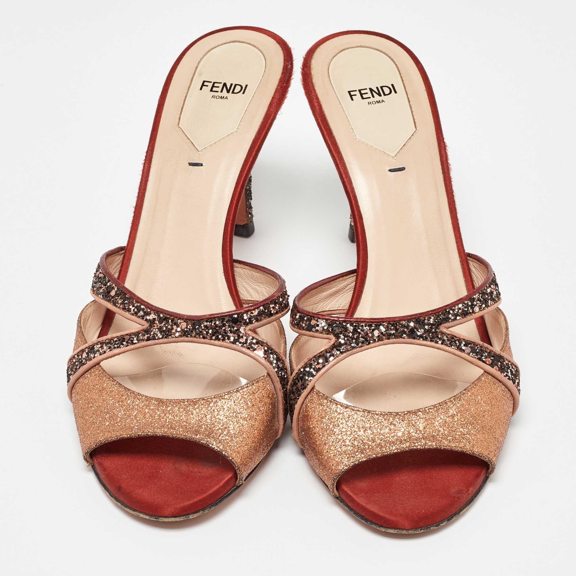 Brown Fendi Multicolor Metalic Leather and Glitter Slide Sandals Size 40