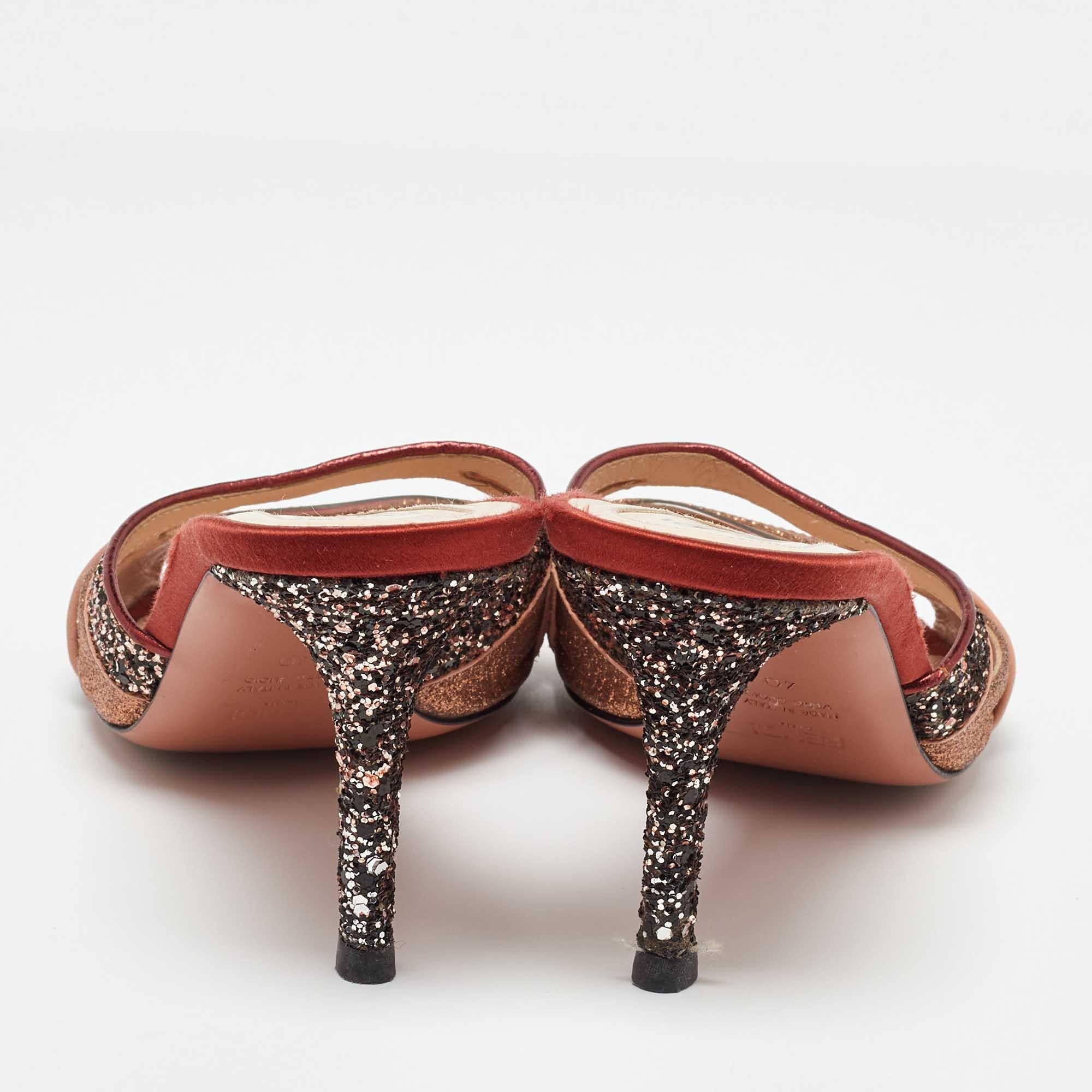 Women's Fendi Multicolor Metalic Leather and Glitter Slide Sandals Size 40