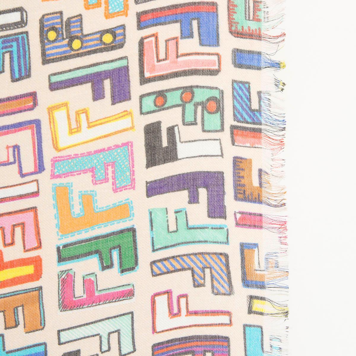 FENDI multicolor modal & cashmere FUN FAIR LOGO Shawl Scarf In Excellent Condition In Zürich, CH