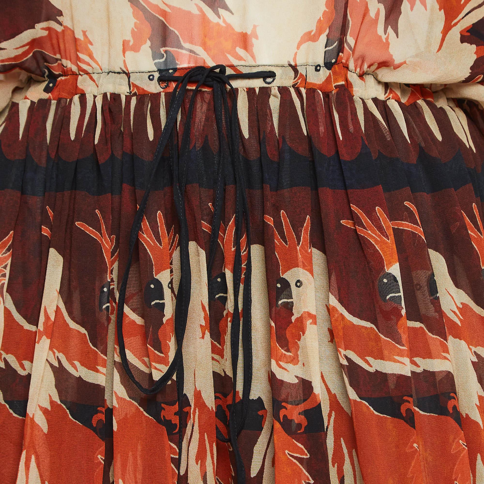 Brown Fendi Multicolor Parakeet Print Silk Embellished Tiered Maxi Dress M