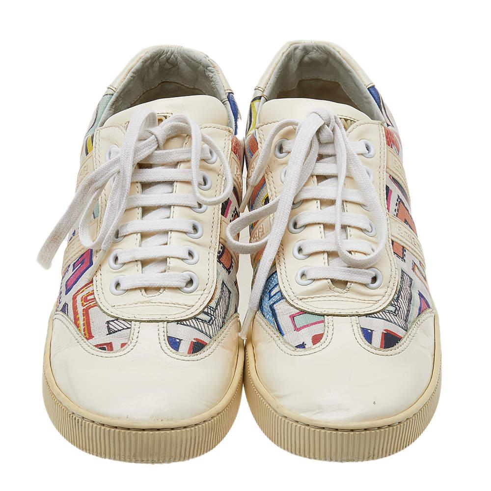 Fendi Multicolor Patent Leather And FF Print Coated Canvas Low Top Sneakers Size In Fair Condition For Sale In Dubai, Al Qouz 2