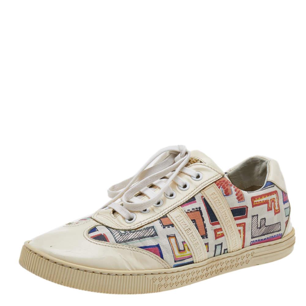 Fendi Multicolor Patent Leather And FF Print Coated Canvas Low Top Sneakers Size For Sale 1