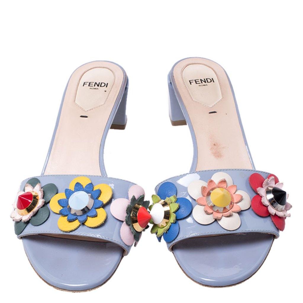 Gray Fendi Multicolor Patent Leather Flowerland Block Heel Slides Size 37