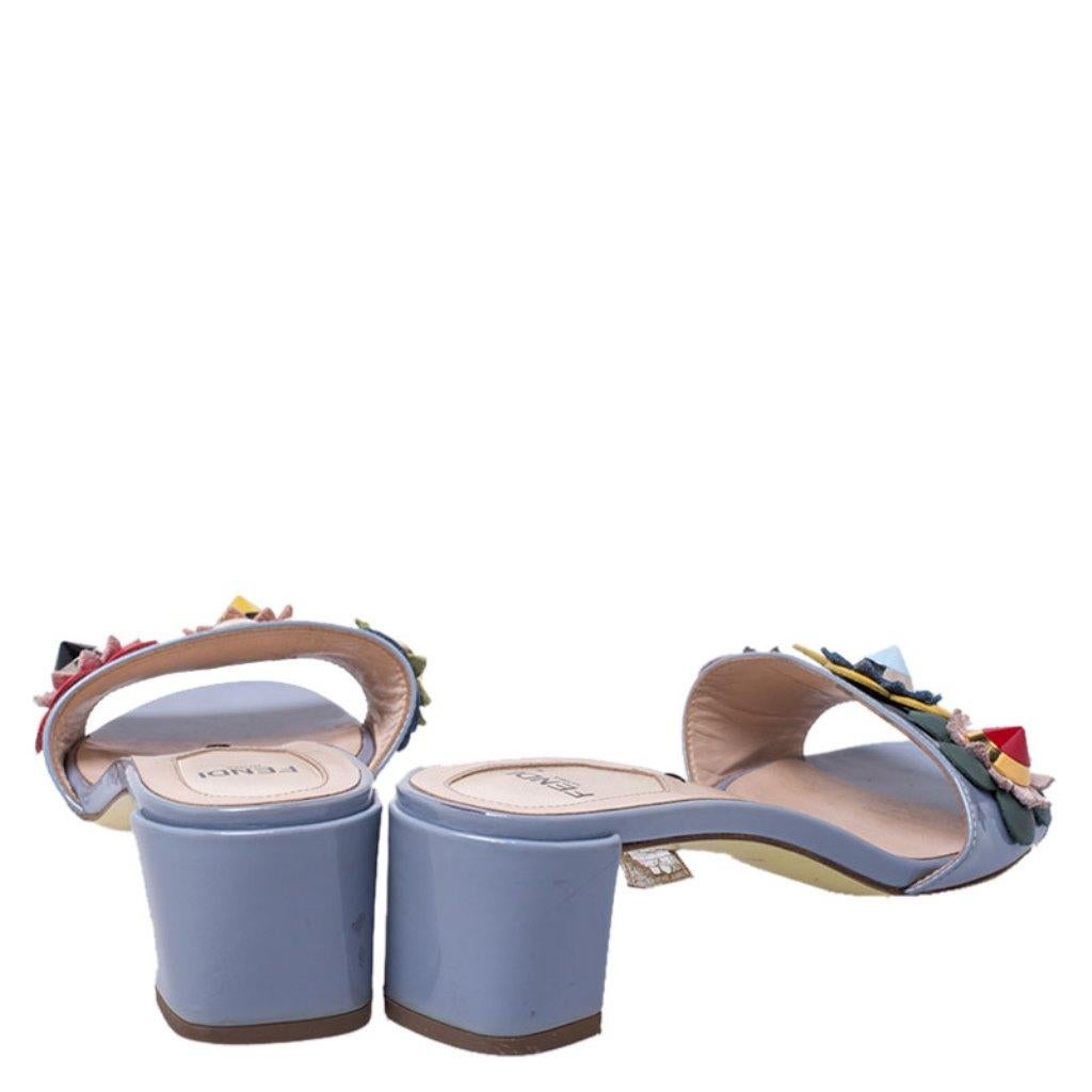 Women's Fendi Multicolor Patent Leather Flowerland Block Heel Slides Size 37