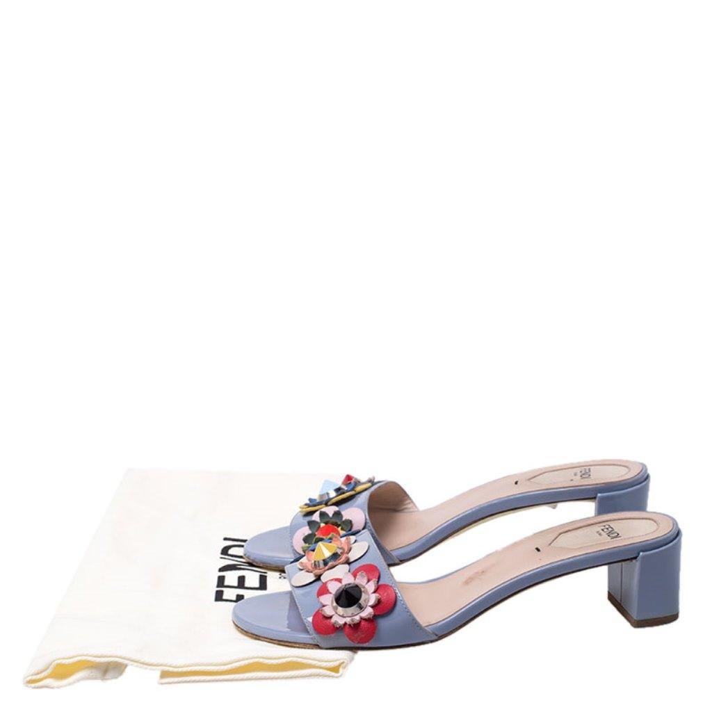 Fendi Multicolor Patent Leather Flowerland Block Heel Slides Size 37 3