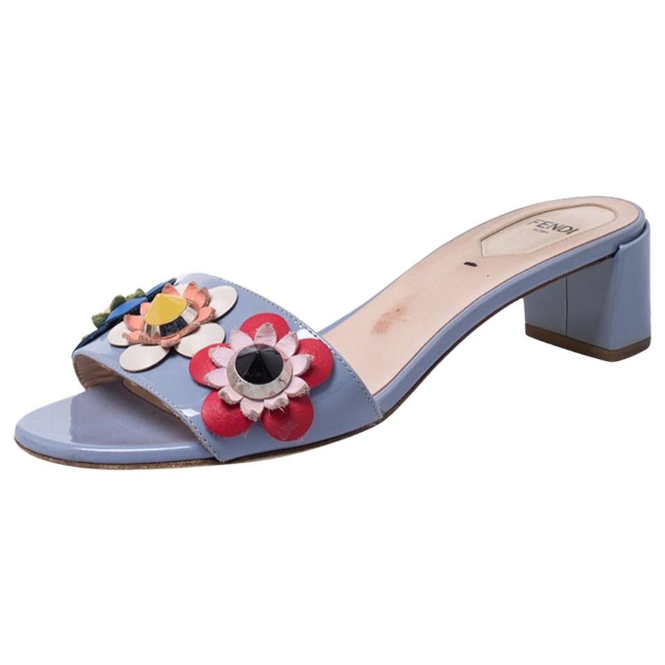 Fendi Multicolor Patent Leather Flowerland Block Heel Slides Size 37