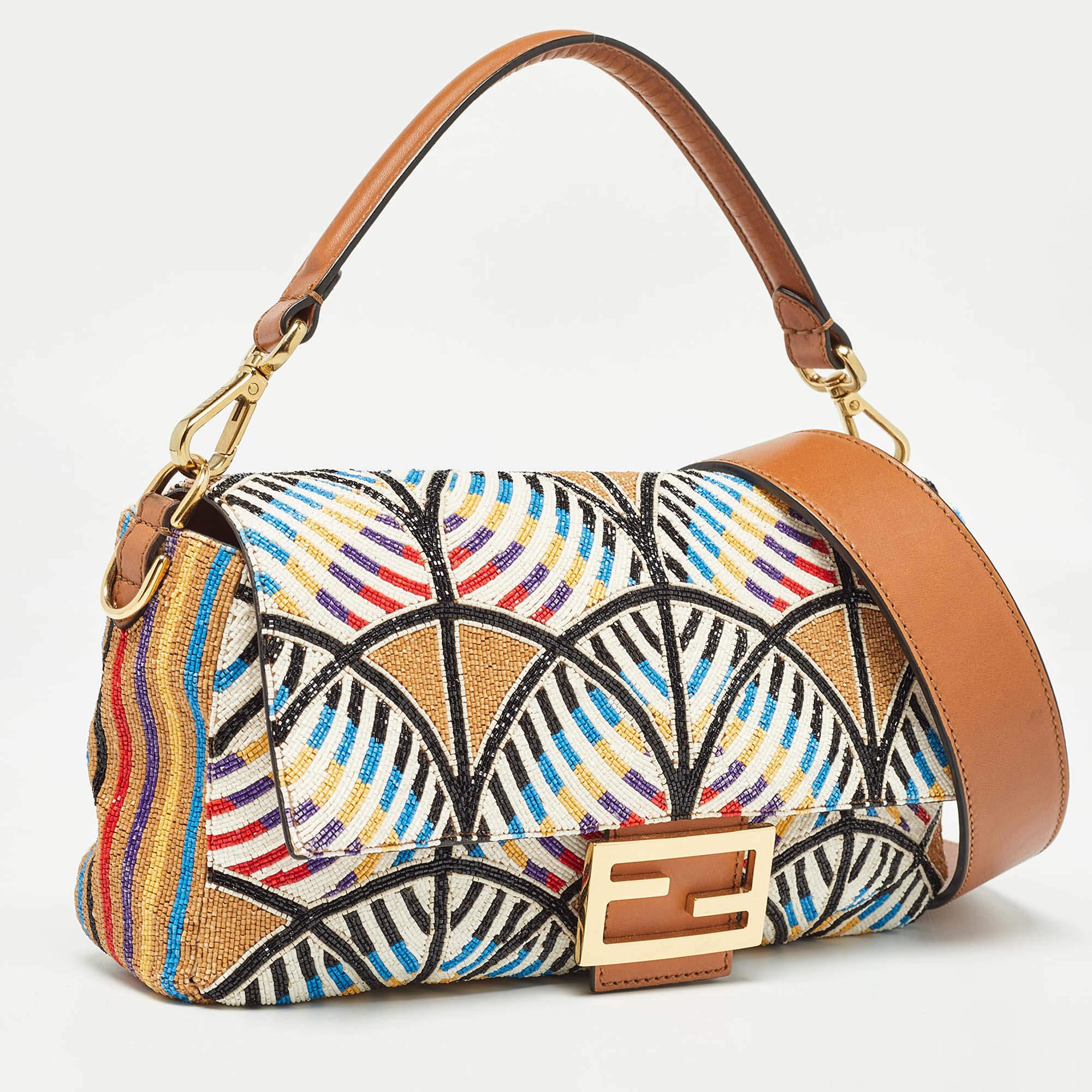 Beige Fendi Multicolor Peacock Motif Beaded Baguette Bag