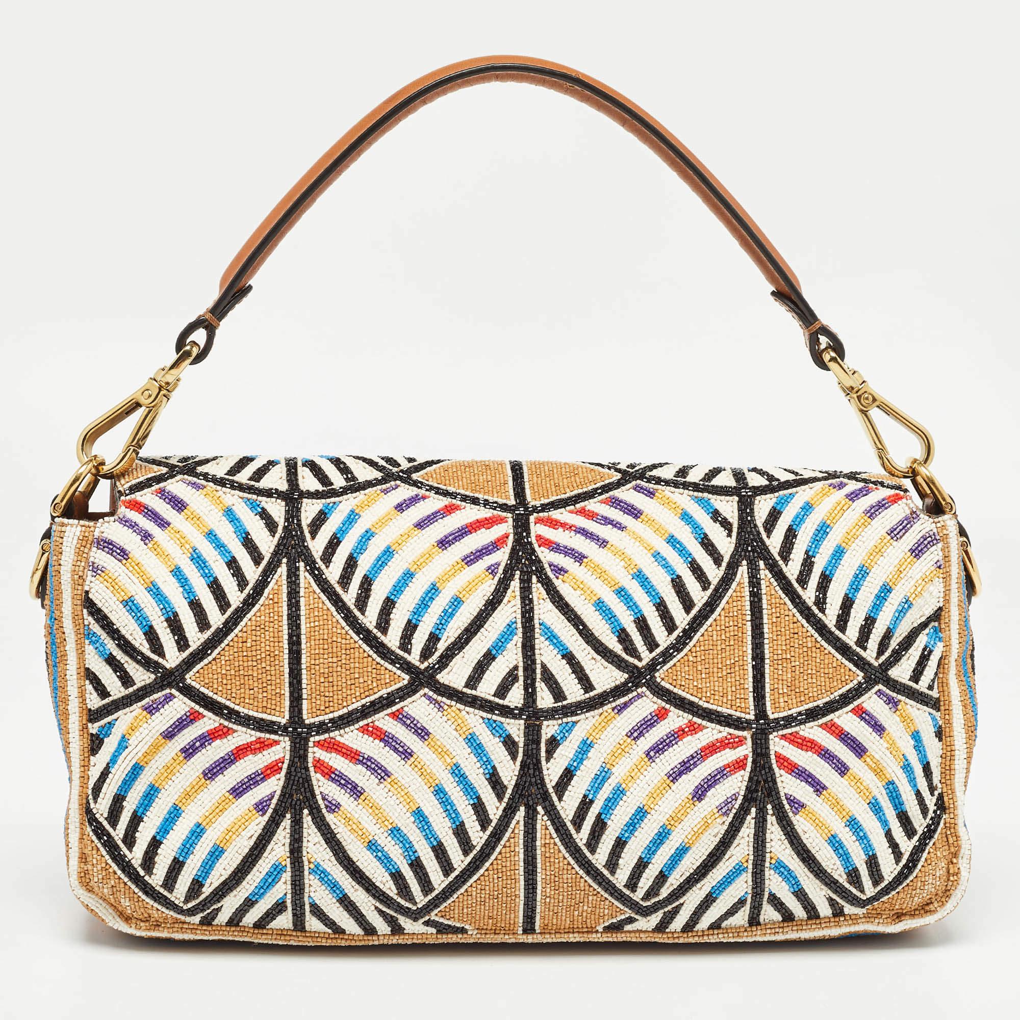 Fendi Multicolor Peacock Motif Beaded Baguette Bag In Excellent Condition In Dubai, Al Qouz 2