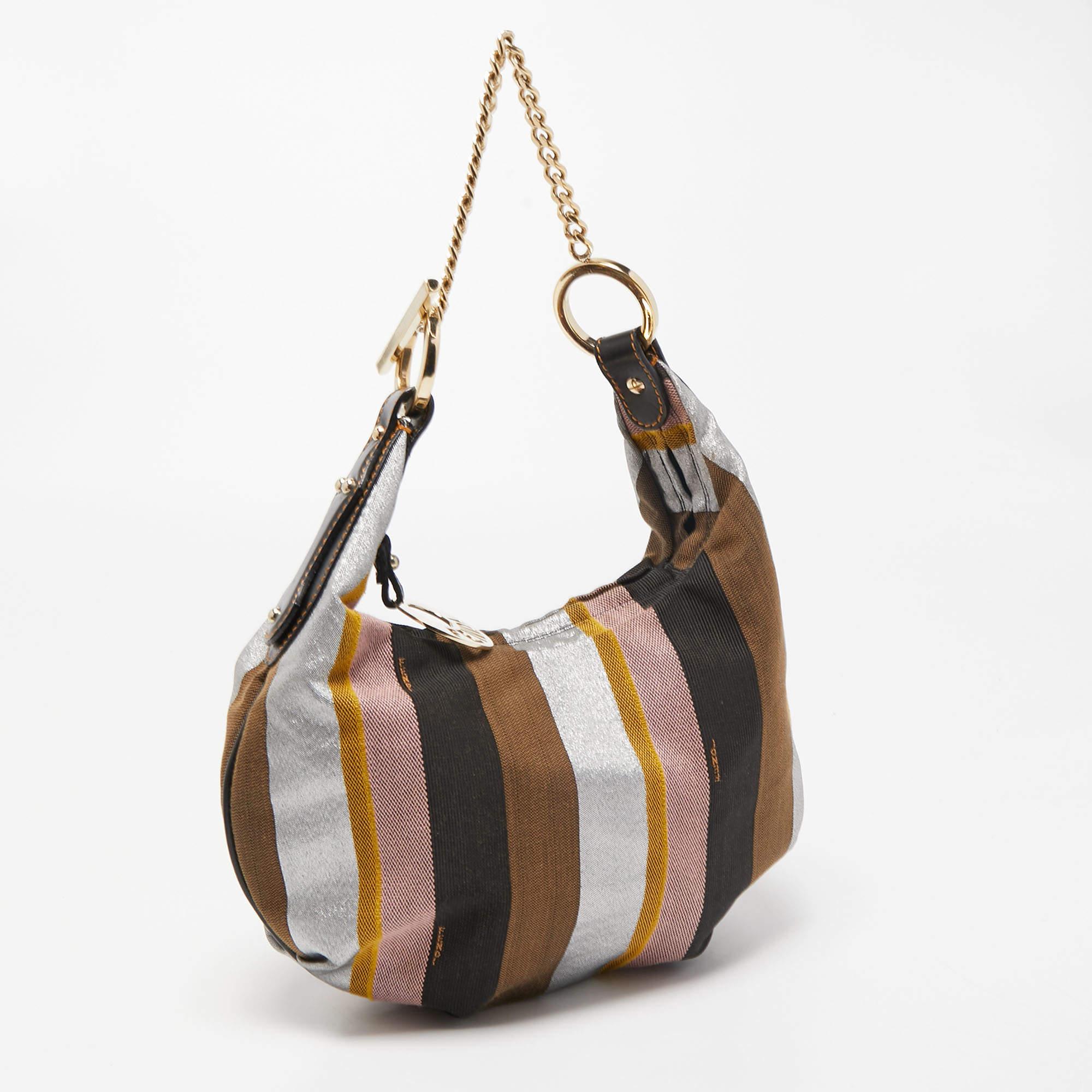 Brown Fendi Multicolor Pequin Canvas and Leather Chef Chain Hobo