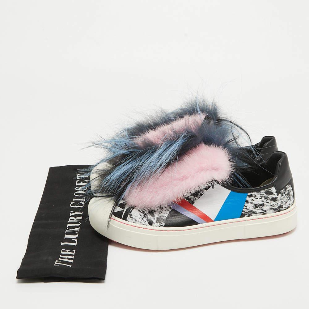 Fendi Multicolor Printed Leather and Faux Fur Flynn Sneakers Size 38 For Sale 5