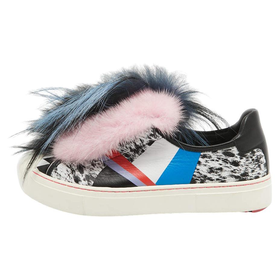 Fendi Multicolor Printed Leather and Faux Fur Flynn Sneakers Size 38 For Sale